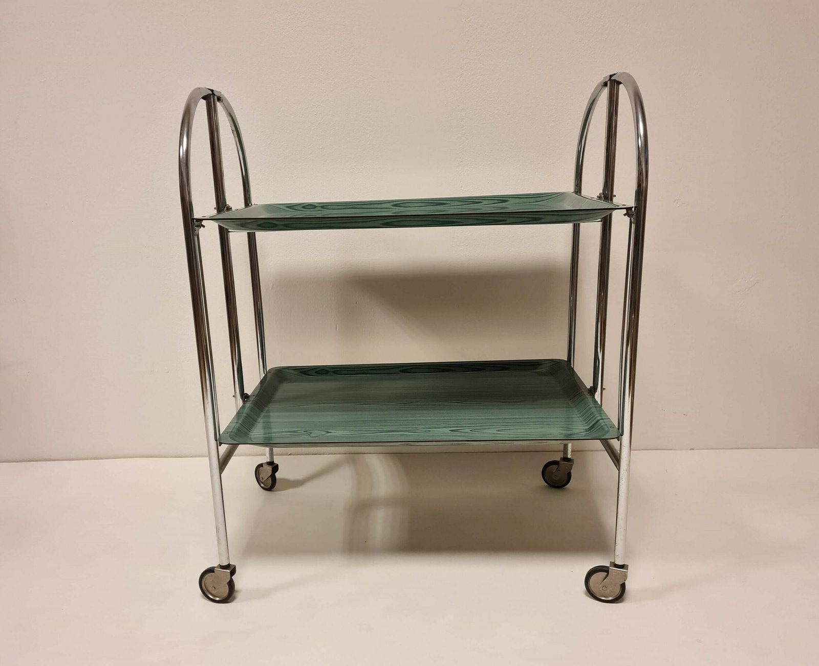 Vintage Trolley In Chrome With Green Trays. Made In Germany 70s photo furniture