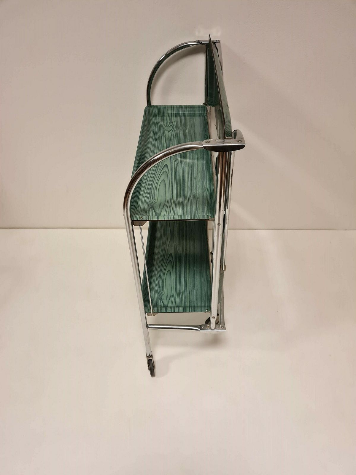 Vintage Trolley In Chrome With Green Trays. Made In Germany 70s photo 375.0
