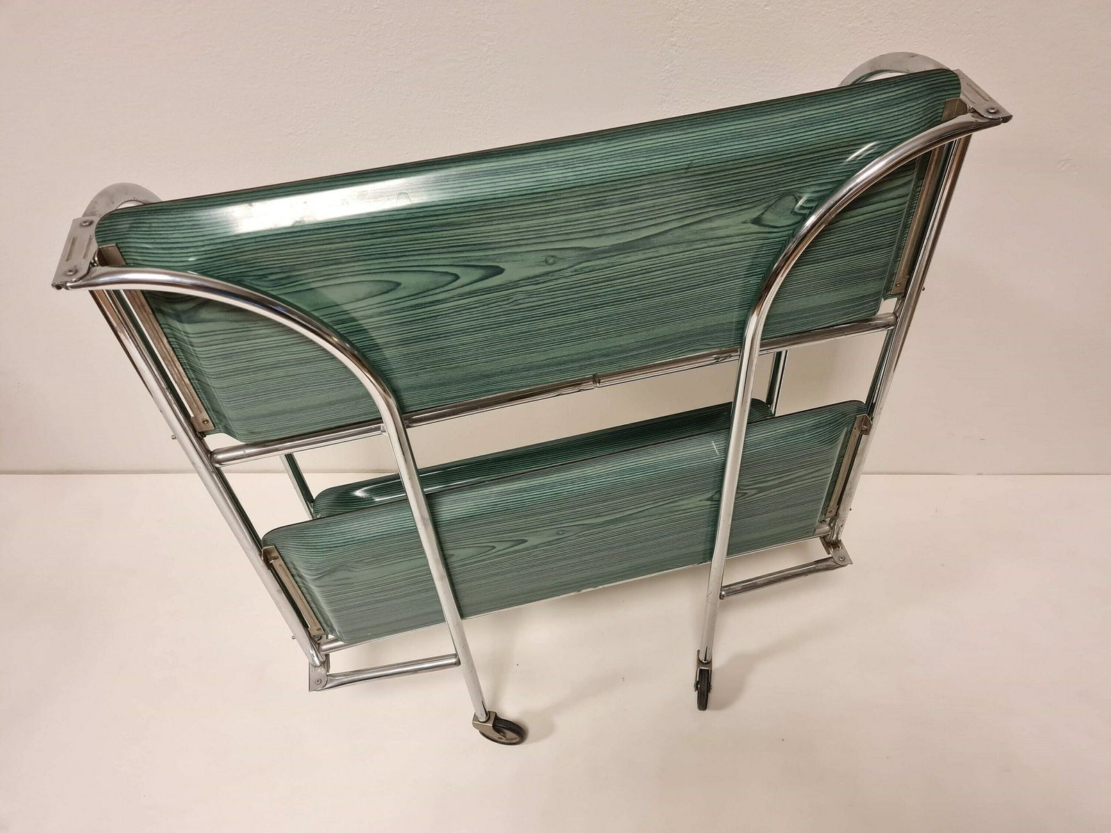 Vintage Trolley In Chrome With Green Trays. Made In Germany 70s photo vinterior