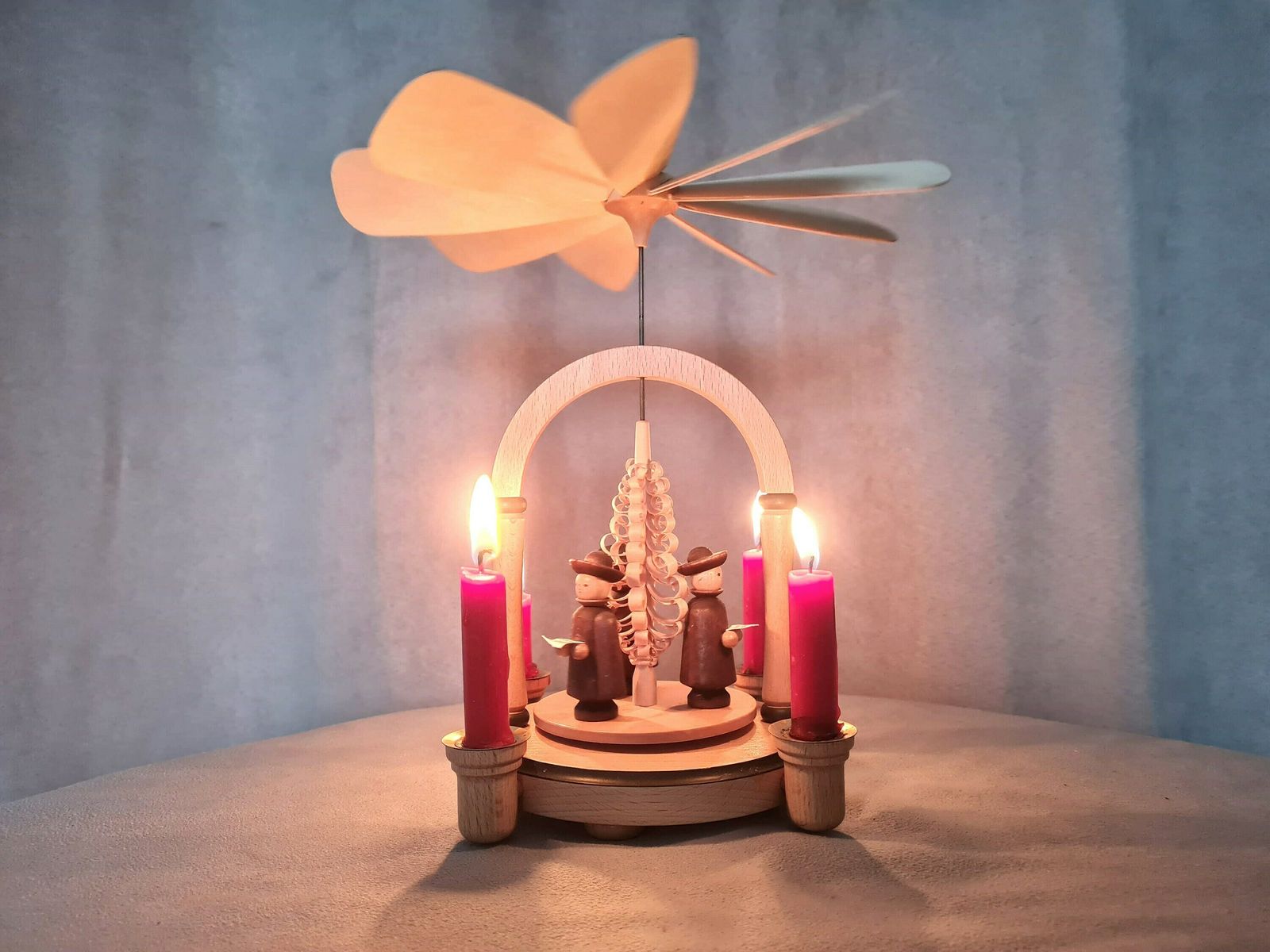 Vintage German Pyramid With Wooden Figurines And 4 Candles Handmade Design