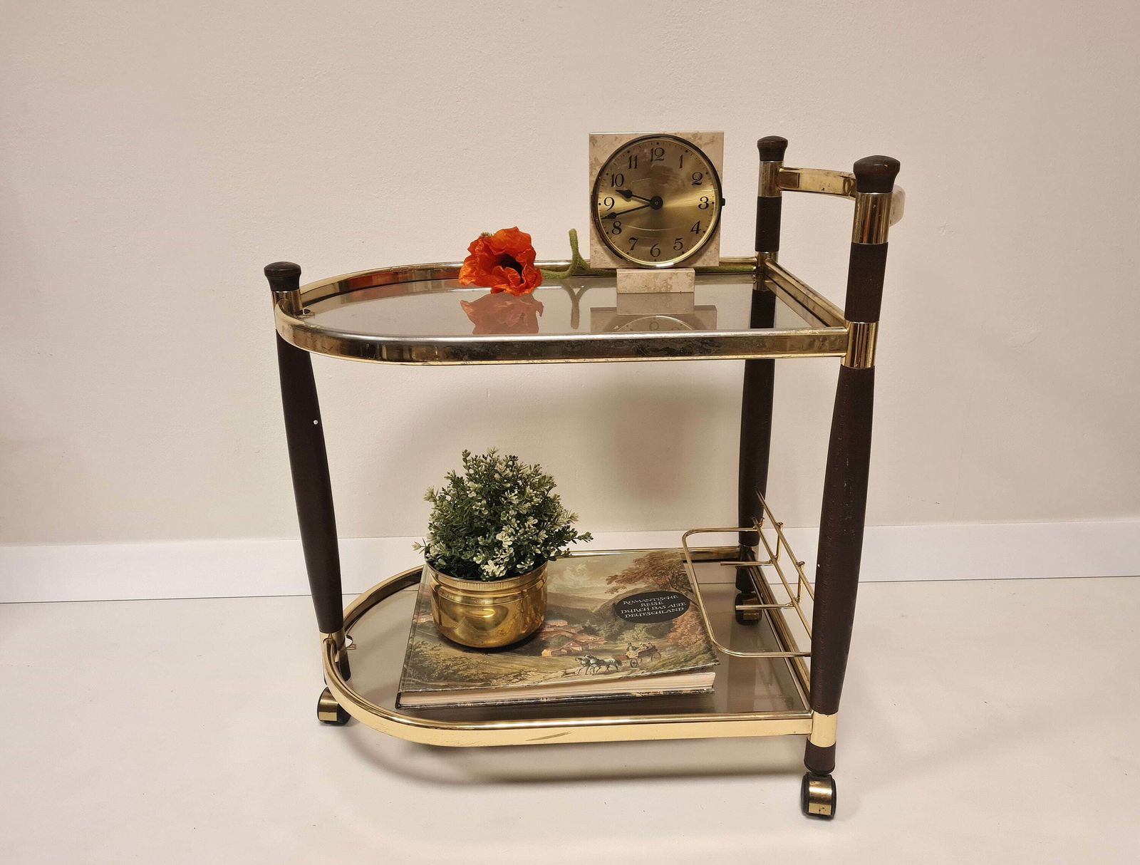 Vintage Mid Century Bartafel Met Messing, Hout En Rookglas, Op Wielen photo furniture