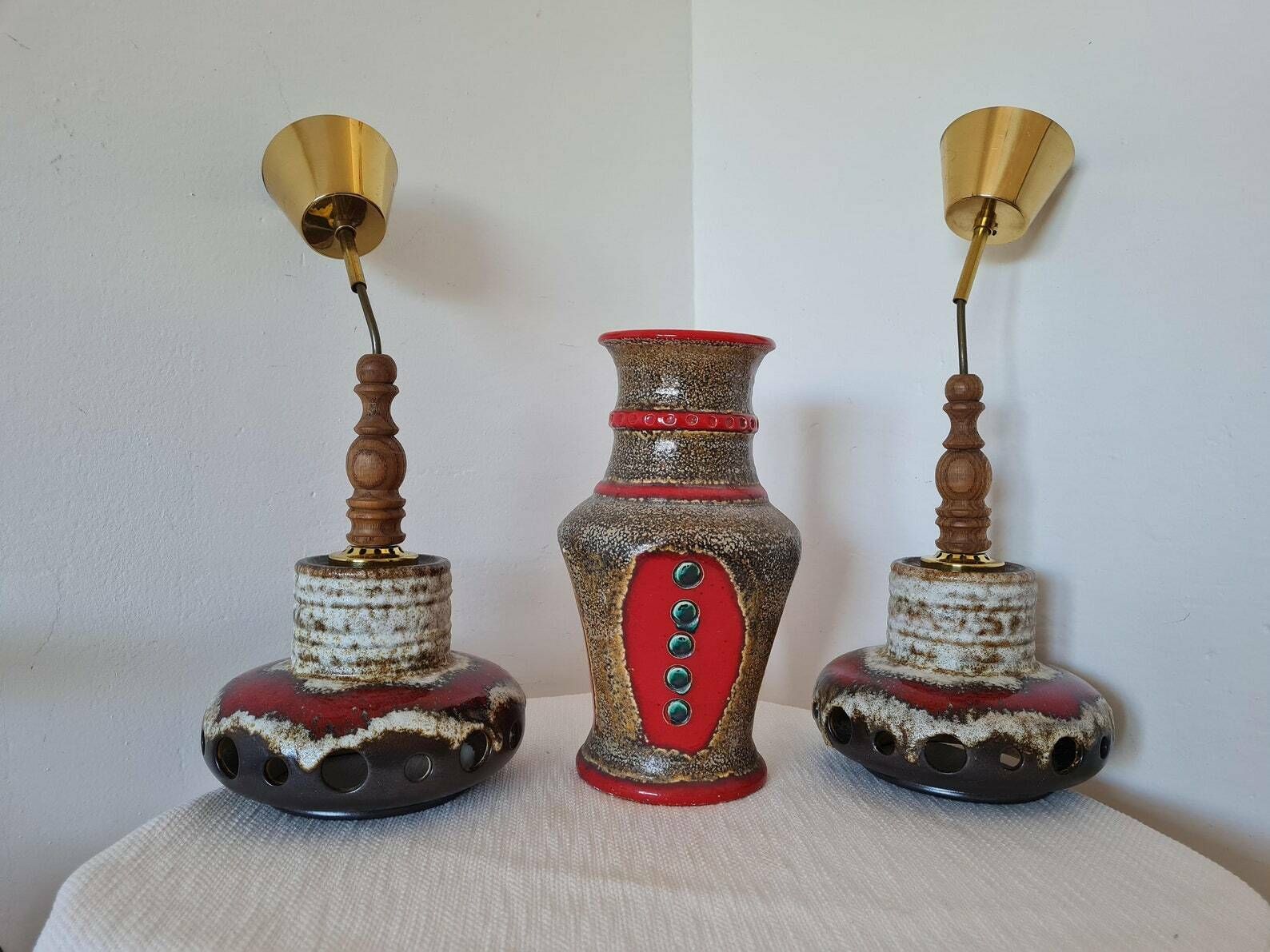 Vintage One Of Two Pendant Lamps With Wooden And Brass Fittings Hand Made Fat Lava Herda Gdr Design 70s photo furniture