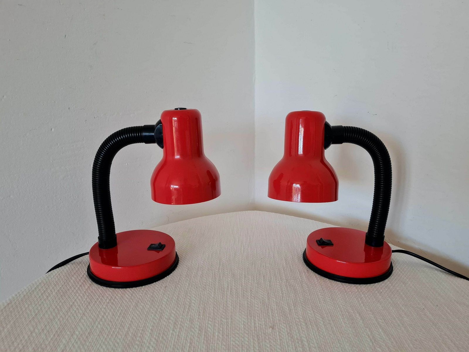 Vintage Memphis Milano Style Pair Red Metal Table Lamps 1990s