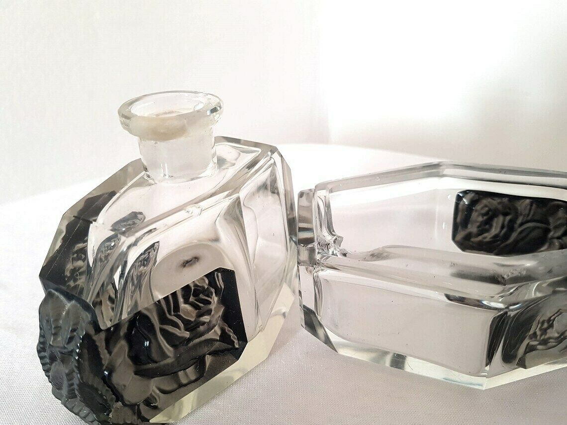 Collectible Bohemian Czech Art Deco Robert Richter Glass Vanity Set 4 Pieces Jablonec Nad Nissou (Gablonz) Ca. 1930 photo vintage