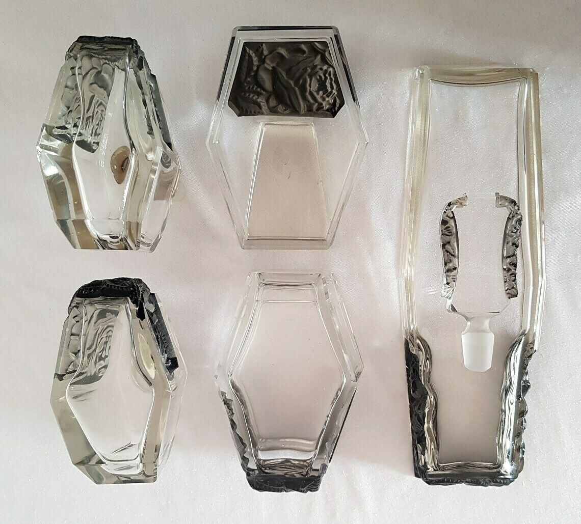 photo for sale Collectible Bohemian Czech Art Deco Robert Richter Glass Vanity Set 4 Pieces Jablonec Nad Nissou (Gablonz) Ca. 1930