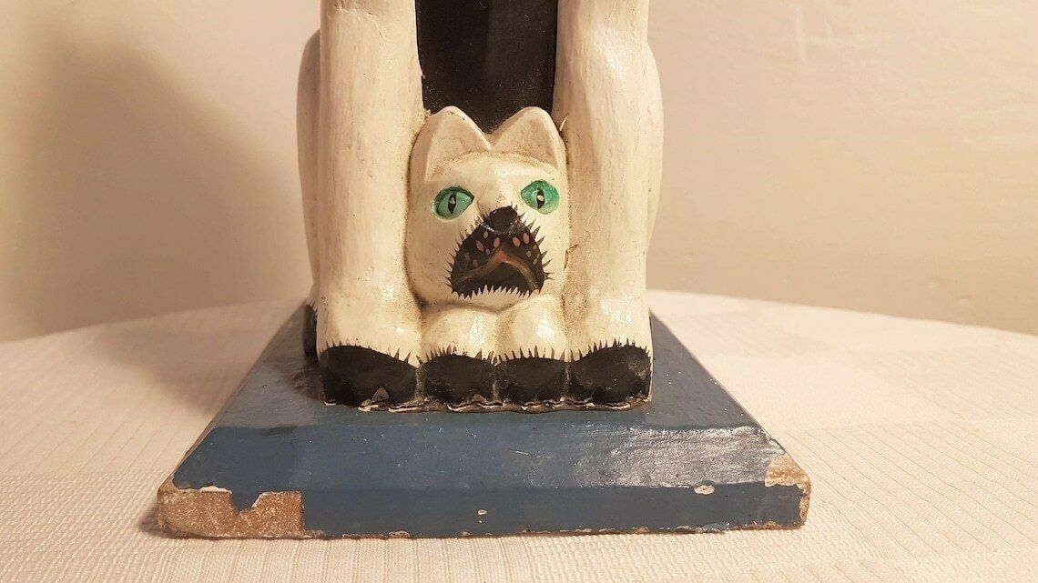 Vintage Bookends Stand Hand Carved Wood Painting Naive сat With Kitten Book Stand photo for sale