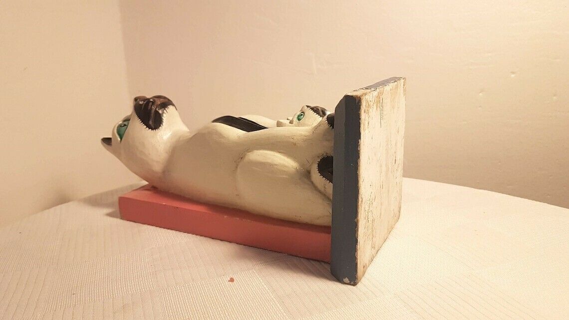 Vintage Bookends Stand Hand Carved Wood Painting Naive сat With Kitten Book Stand photo 71.0