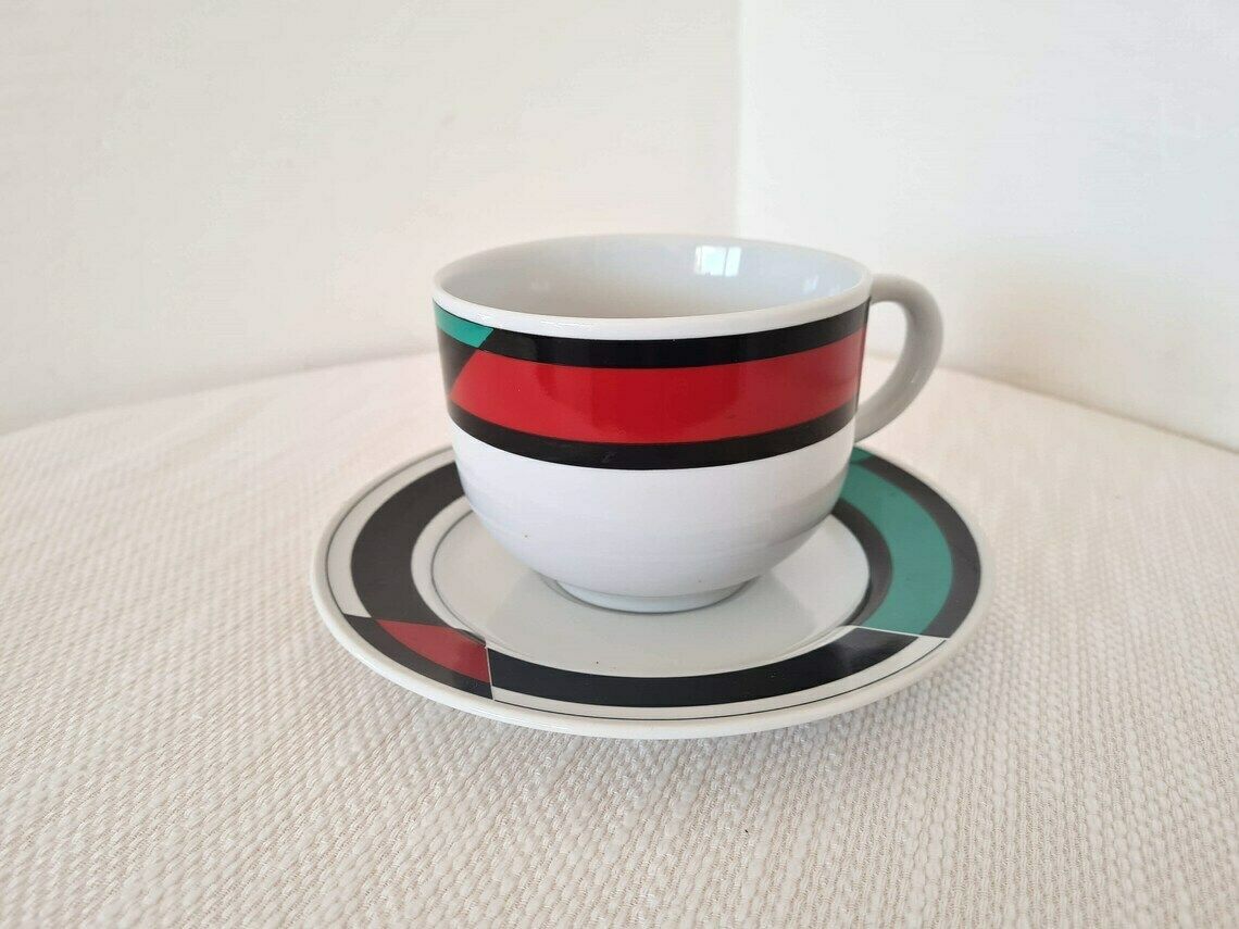 Vintage Memphis Milano Style Porcelain Set Of Big Cup And Saucer 80s photo furniture