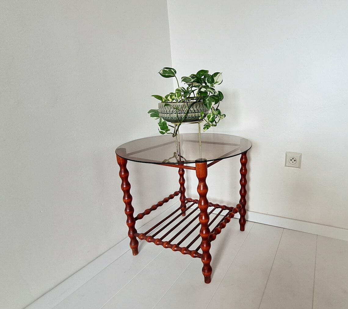 Vintage Mid Century Modern Wooden Table With Smoky Glass