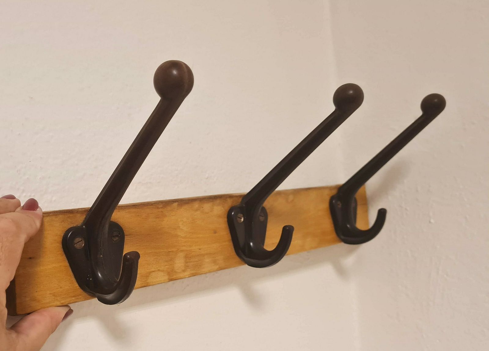 Vintage Wooden Wall Hanger With Bakelit Hooks Mid Century Coat Hanger Wall Panel photo vinterior