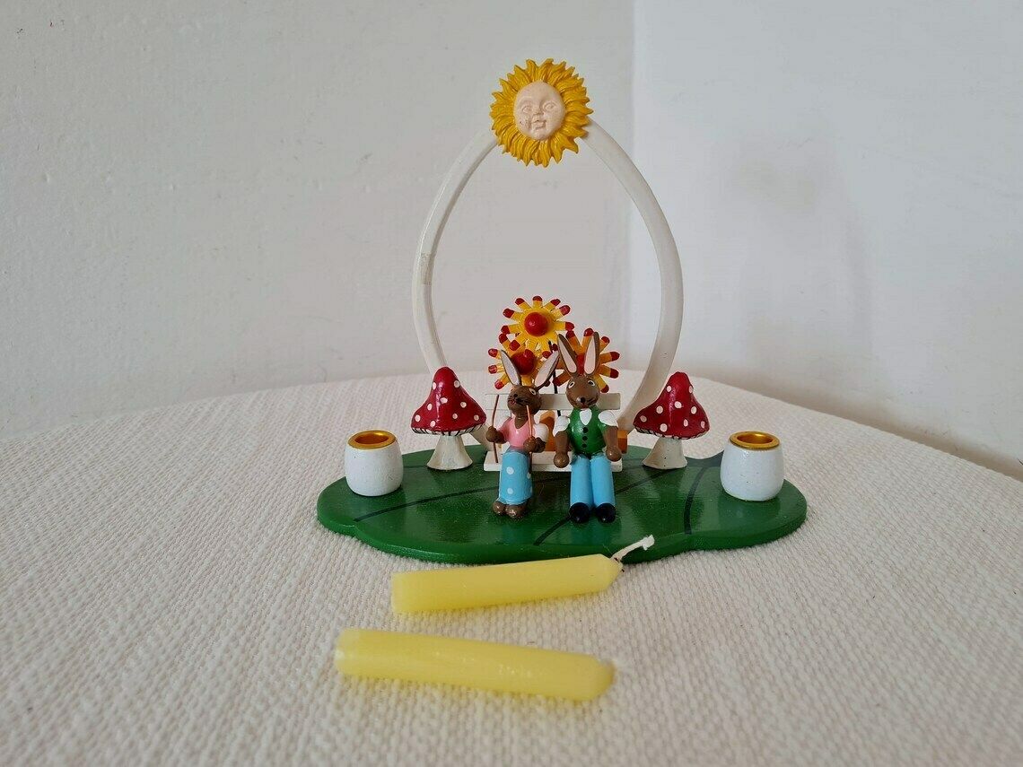 Vintage Pair Of Easter Bunnies German Wooden Candlestick Erzgebirge Folk Art Hand Painted Made In East Germany photo for sale