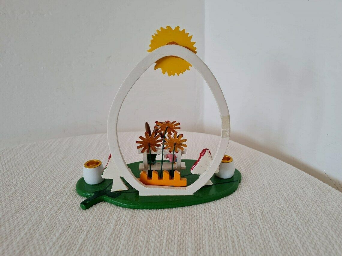 Vintage Pair Of Easter Bunnies German Wooden Candlestick Erzgebirge Folk Art Hand Painted Made In East Germany photo buy