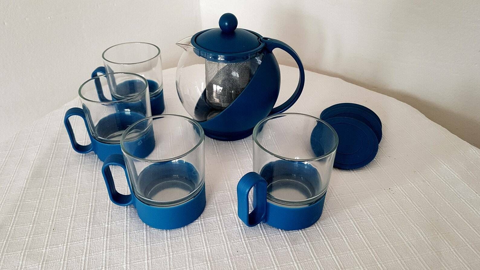 Vintage Space Age Retro Set Glass/Plastic Kettle And Cups In Original Box 80s