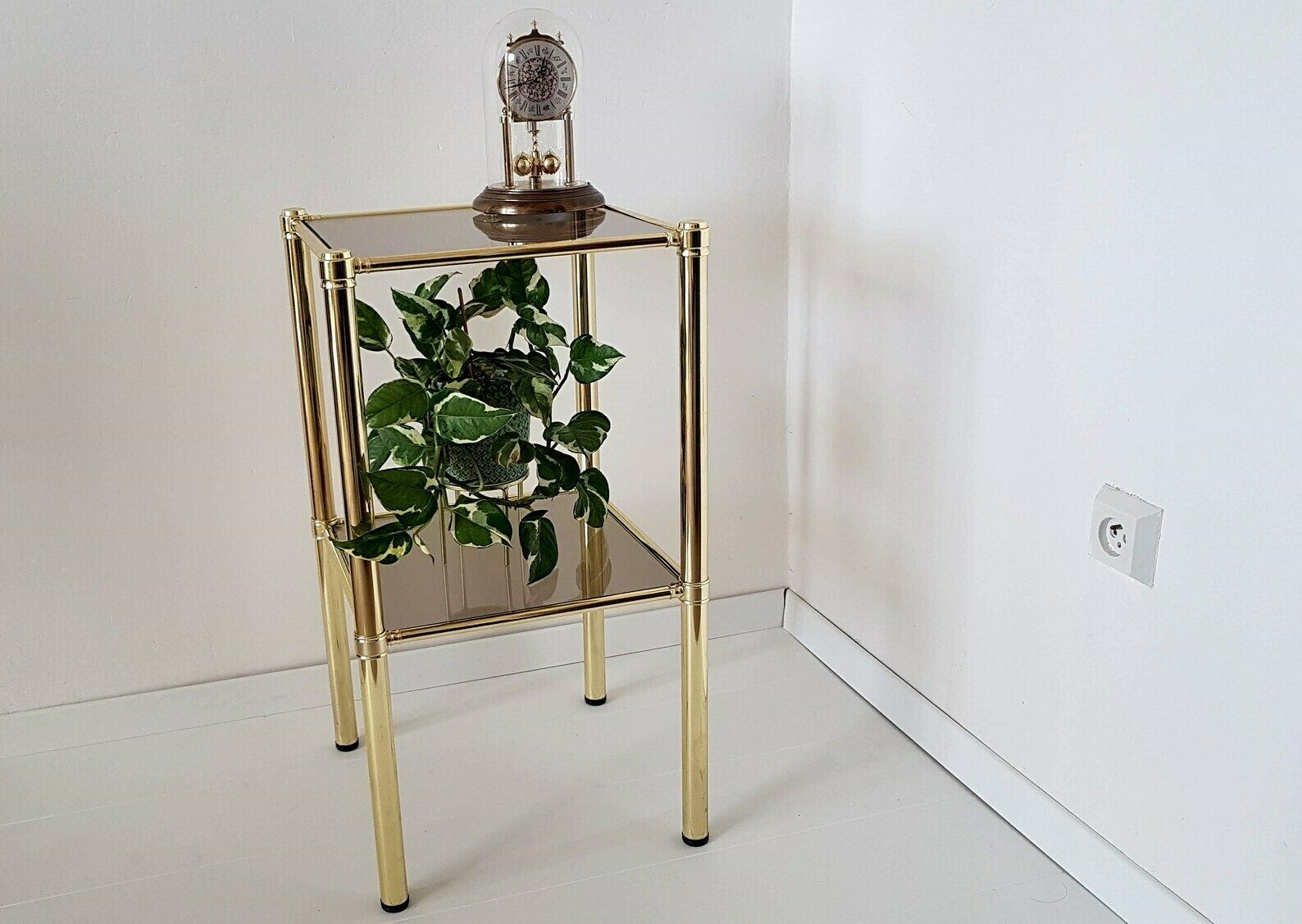 Vintage Hollywood Regency 80s Shelf Gold Brass 2 Smoked Glass Mcm