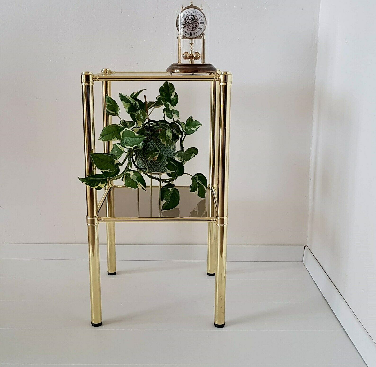 Vintage Hollywood Regency 80s Shelf Gold Brass 2 Smoked Glass Mcm photo furniture