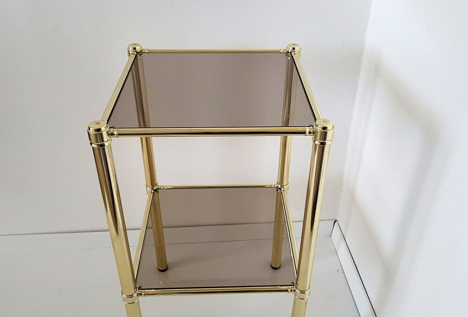photo furniture Vintage Hollywood Regency 80s Shelf Gold Brass 2 Smoked Glass Mcm