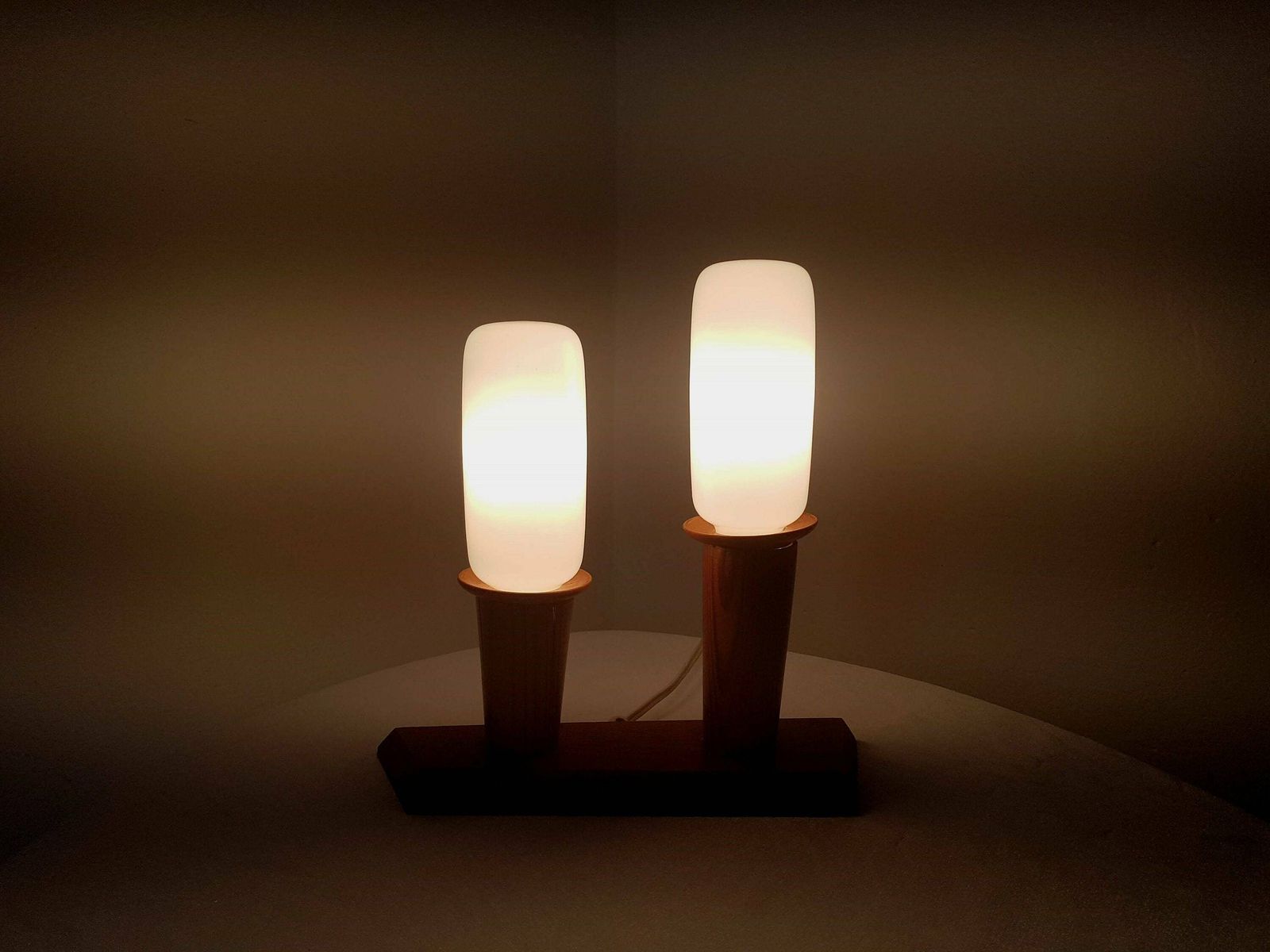 Vintage Dual Table Lamp Opal Glass And Wood Czechoslovakia 60's With Original Tesla Intima Lamps 225v 40w 27 E photo furniture
