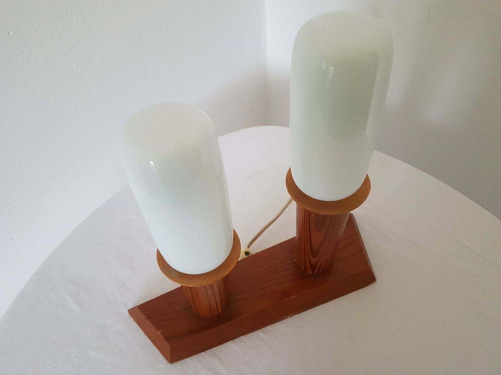 Vintage Dual Table Lamp Opal Glass And Wood Czechoslovakia 60's With Original Tesla Intima Lamps 225v 40w 27 E photo for sale