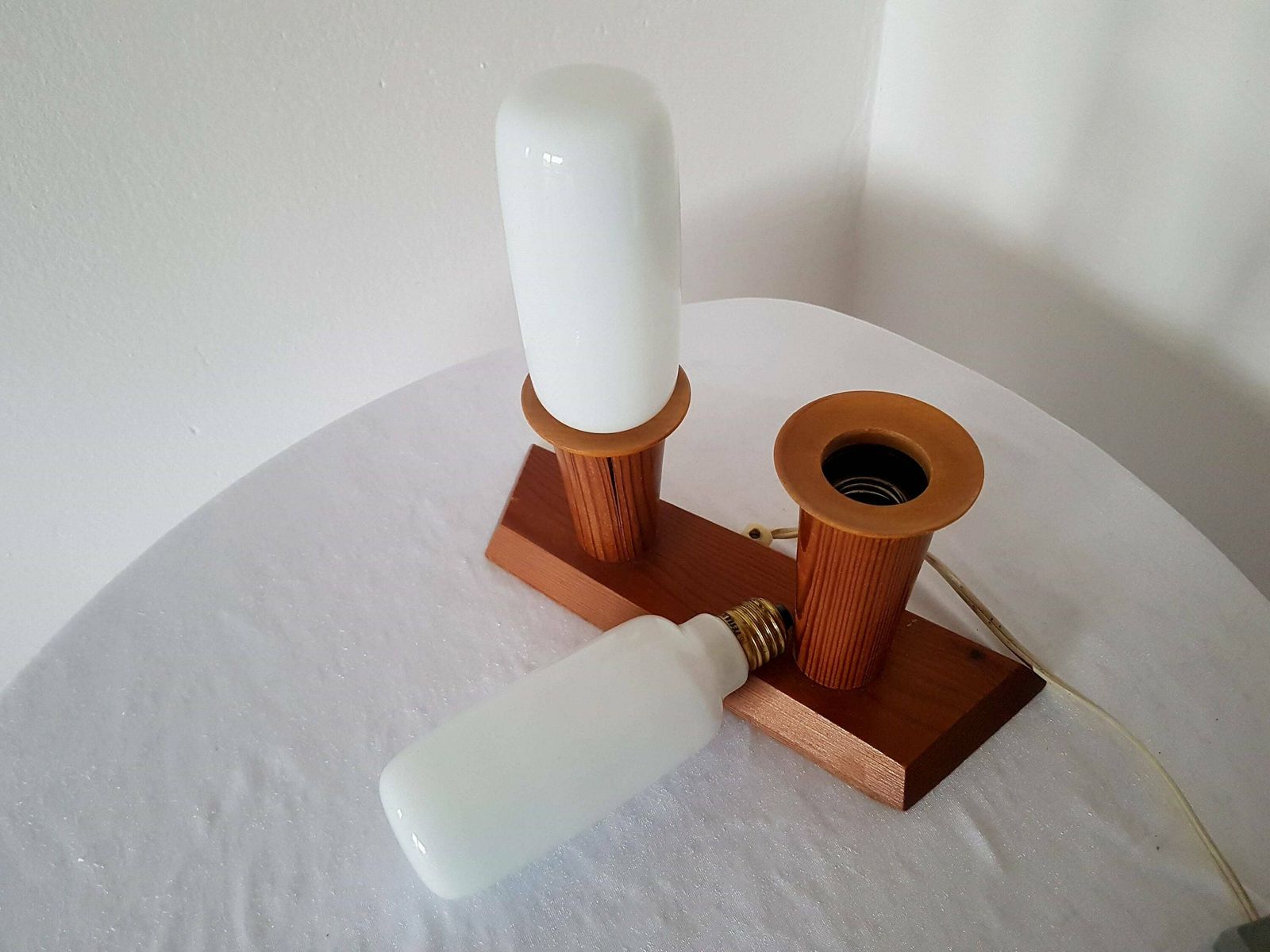 Vintage Dual Table Lamp Opal Glass And Wood Czechoslovakia 60's With Original Tesla Intima Lamps 225v 40w 27 E photo 58.0