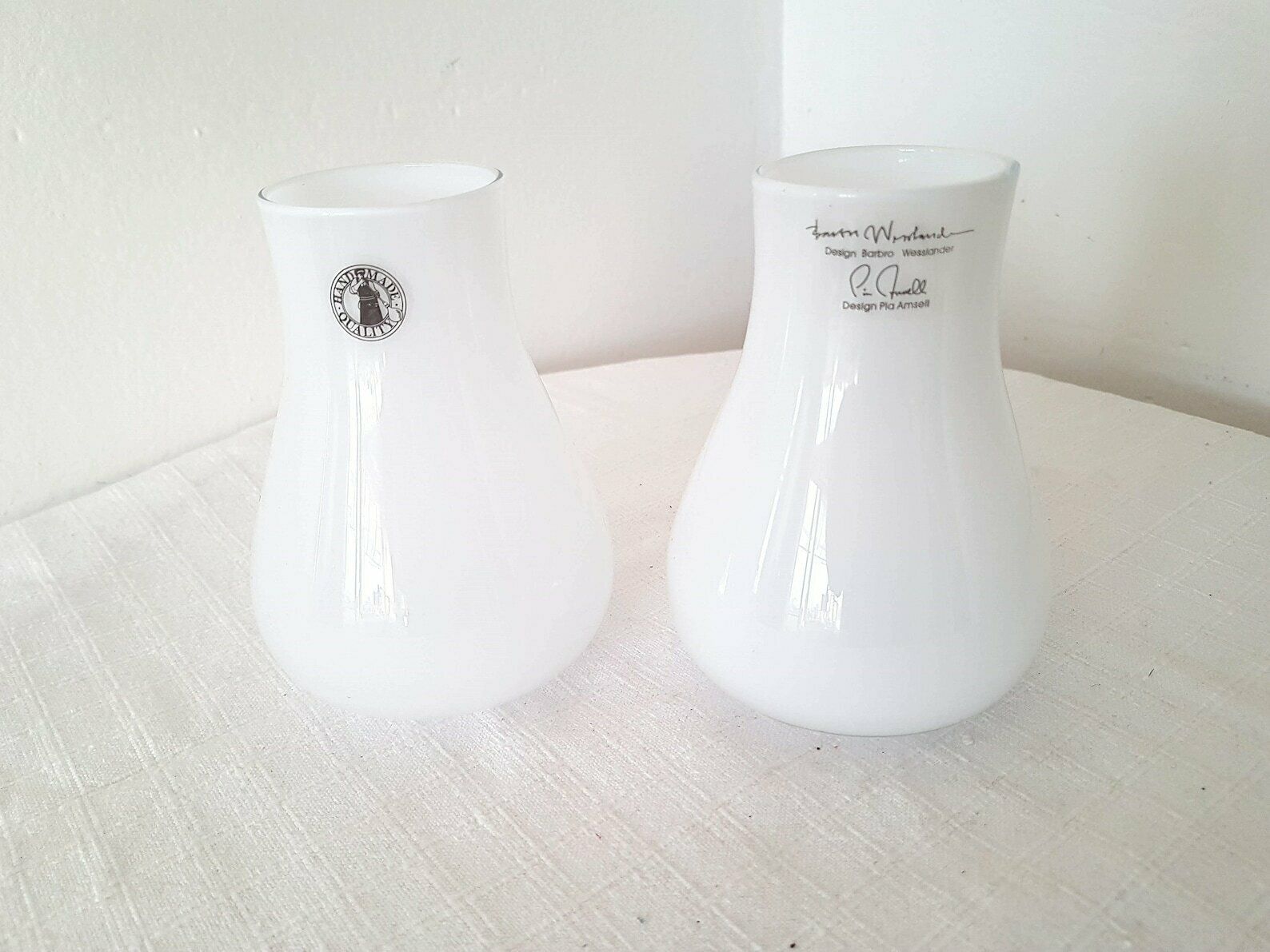 Vintage Pair Pia Amsel Swedish Art Glass Milk Glass Vase Retro Ikea