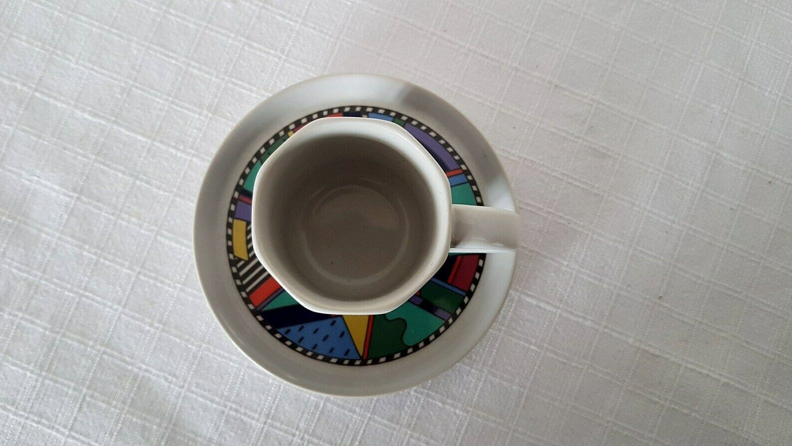 photo for sale Vintage Rosenthal Memphis Milano Style Porcelain Set Of 2 Coffee Cup And Saucer 80s