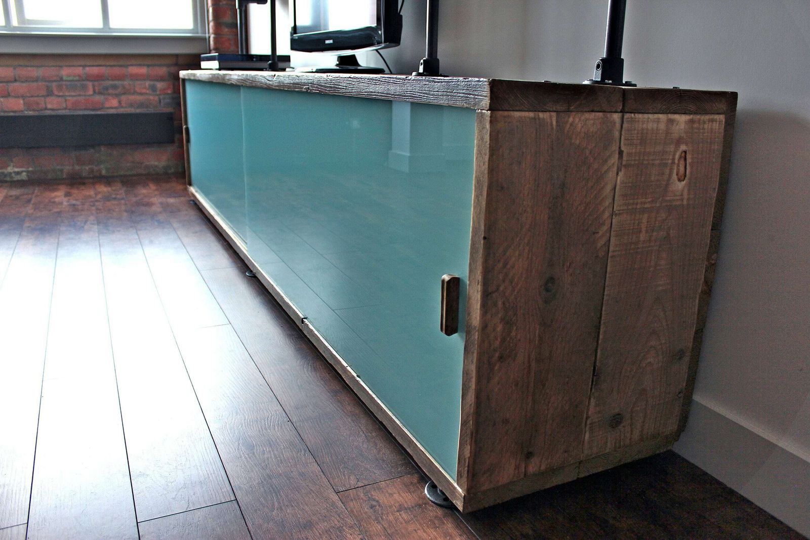 Simeon Reclaimed Scaffolding Board Storage Unit With Painted Glass Sliding Doors And Dark Steel Supported Shelving photo furniture