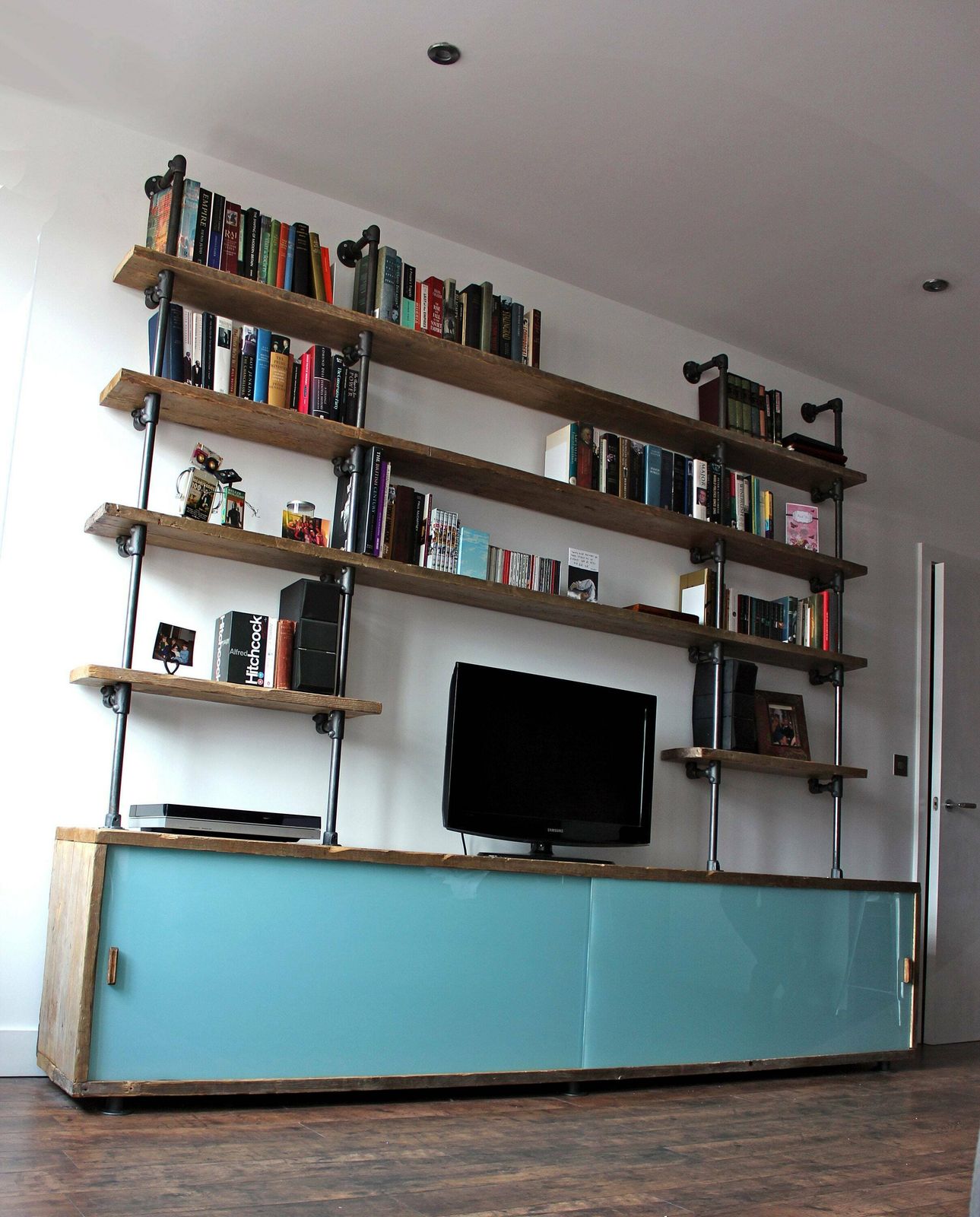 Simeon Reclaimed Scaffolding Board Storage Unit With Painted Glass Sliding Doors And Dark Steel Supported Shelving photo for sale