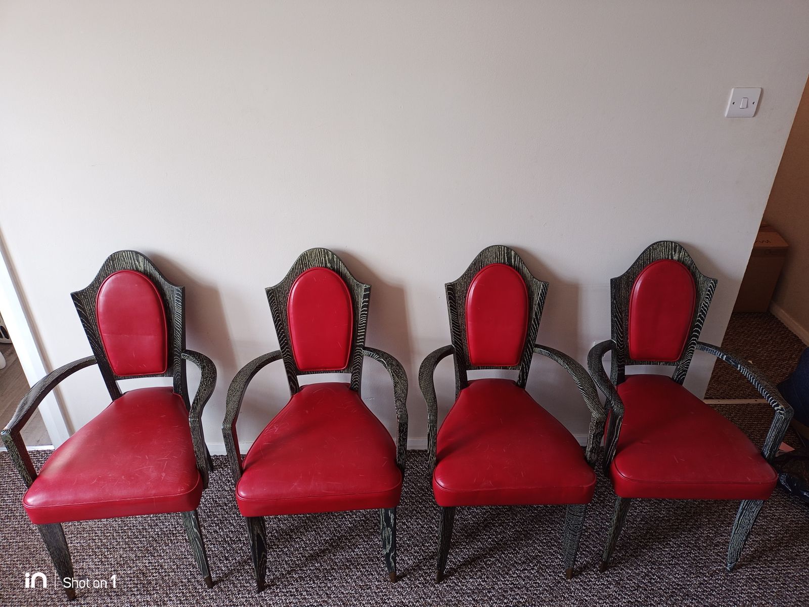 French Late Art Deco Chairs, Limed Oak Wood Frames, Red Leather Upholstery. 1940's. Set Of 4 photo furniture