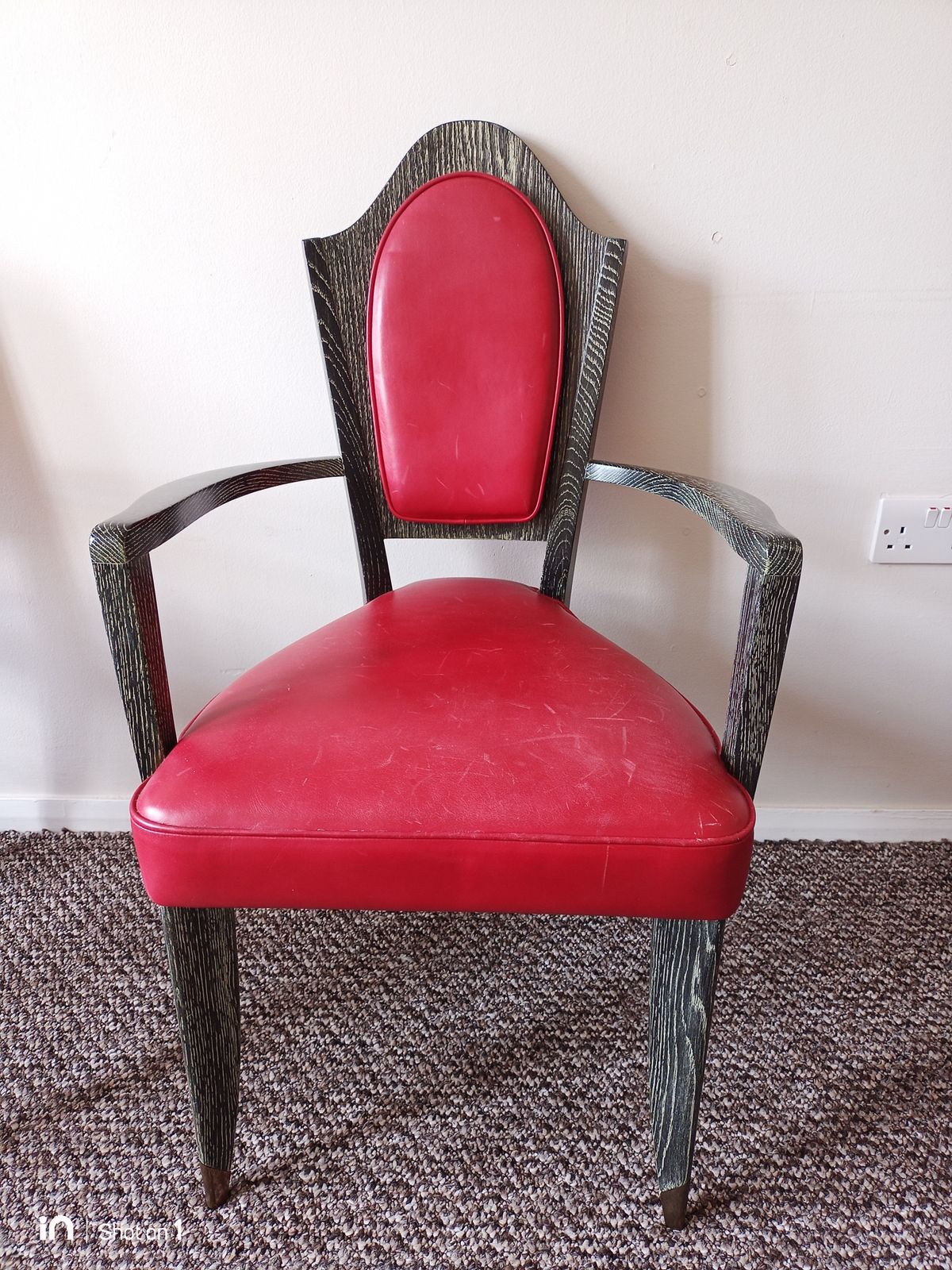French Late Art Deco Chairs, Limed Oak Wood Frames, Red Leather Upholstery. 1940's. Set Of 4 photo Furniture