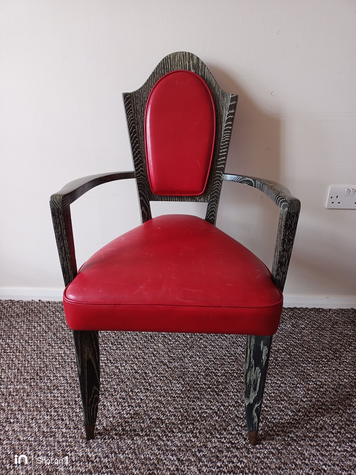 French Late Art Deco Chairs, Limed Oak Wood Frames, Red Leather Upholstery. 1940's. Set Of 4 photo 2500.0