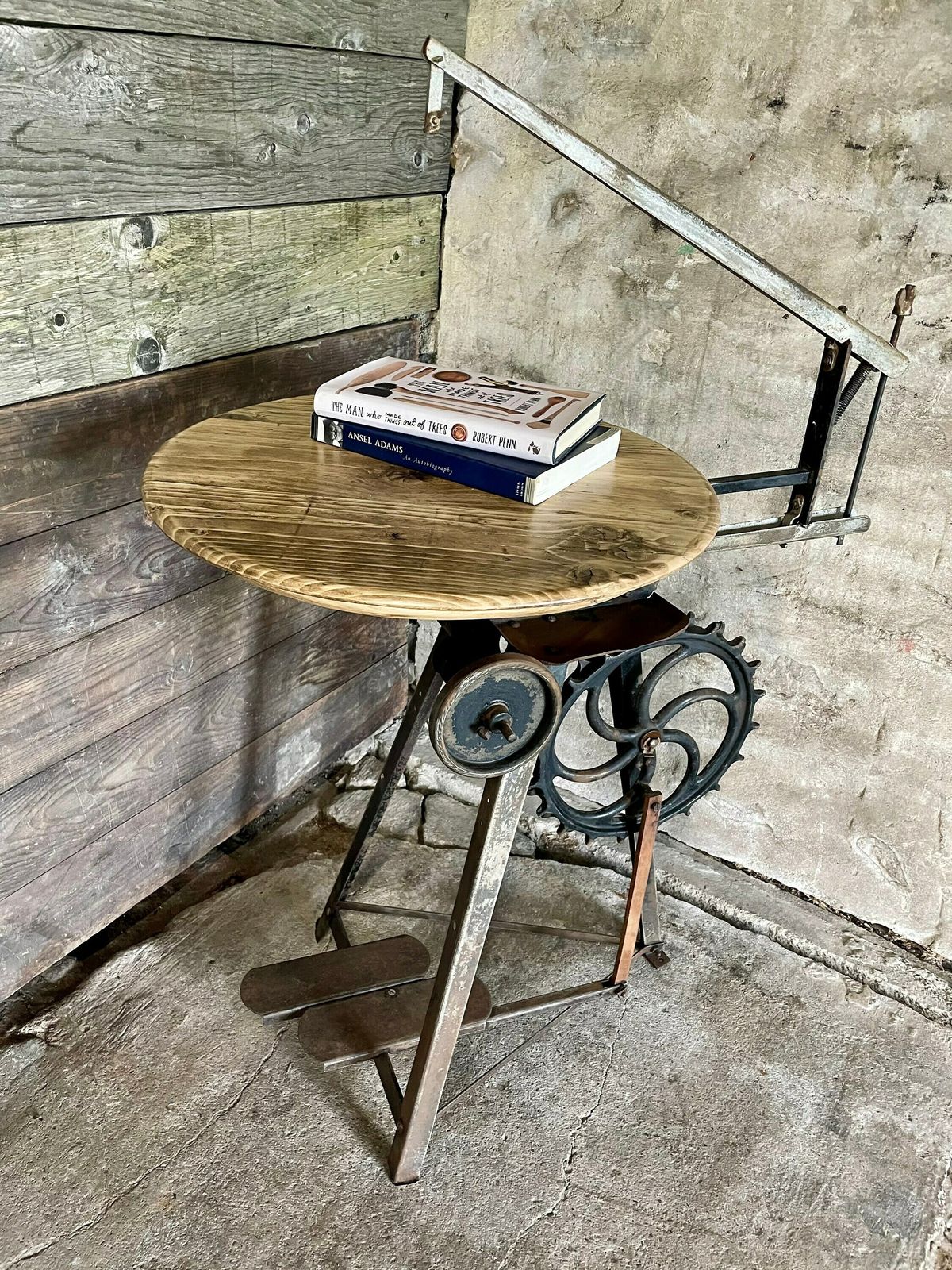Freya Antique And Repurposed Band Saw Side Table With Reclaimed Scaffolding Board Top