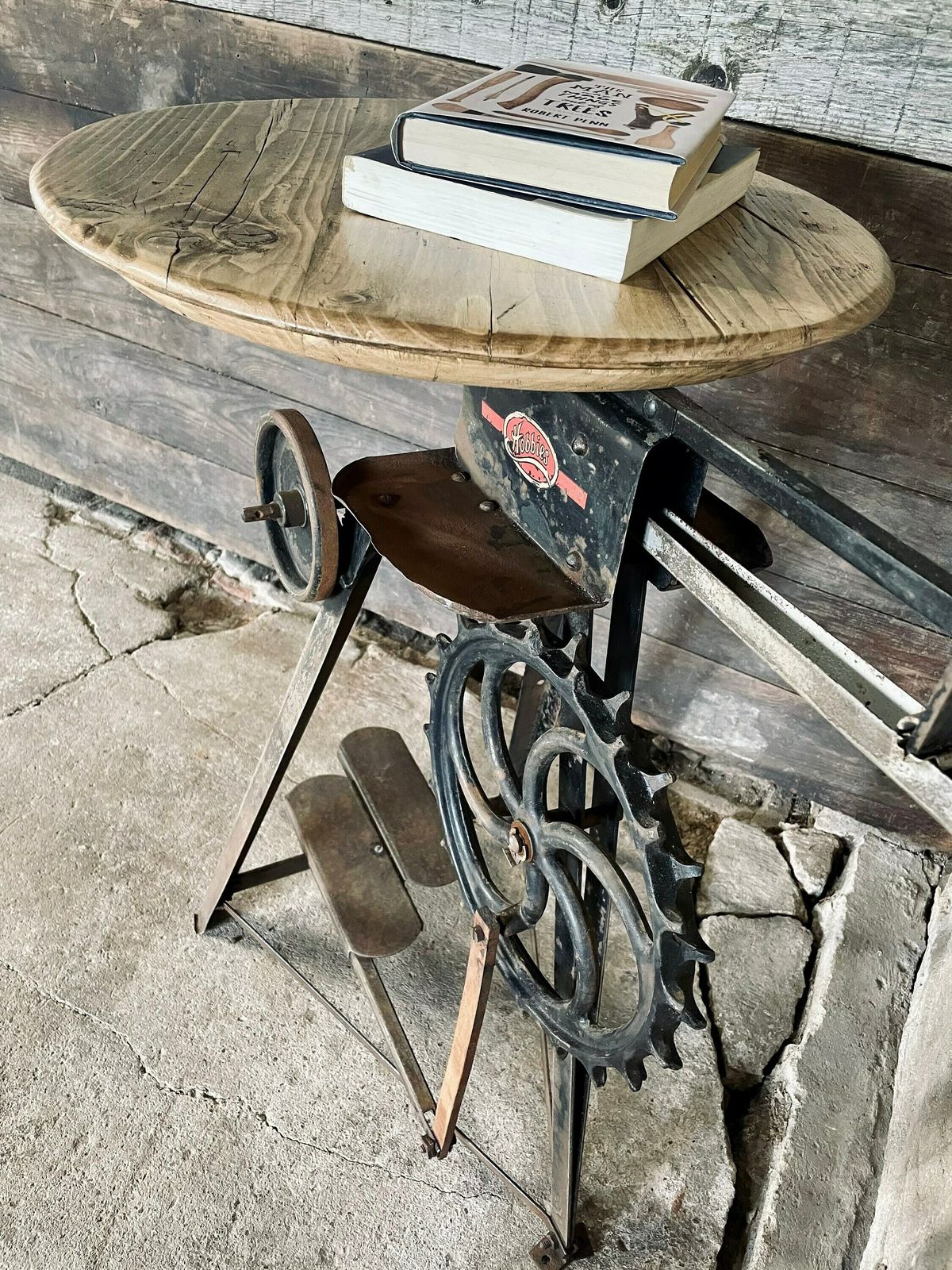 Freya Antique And Repurposed Band Saw Side Table With Reclaimed Scaffolding Board Top photo for sale