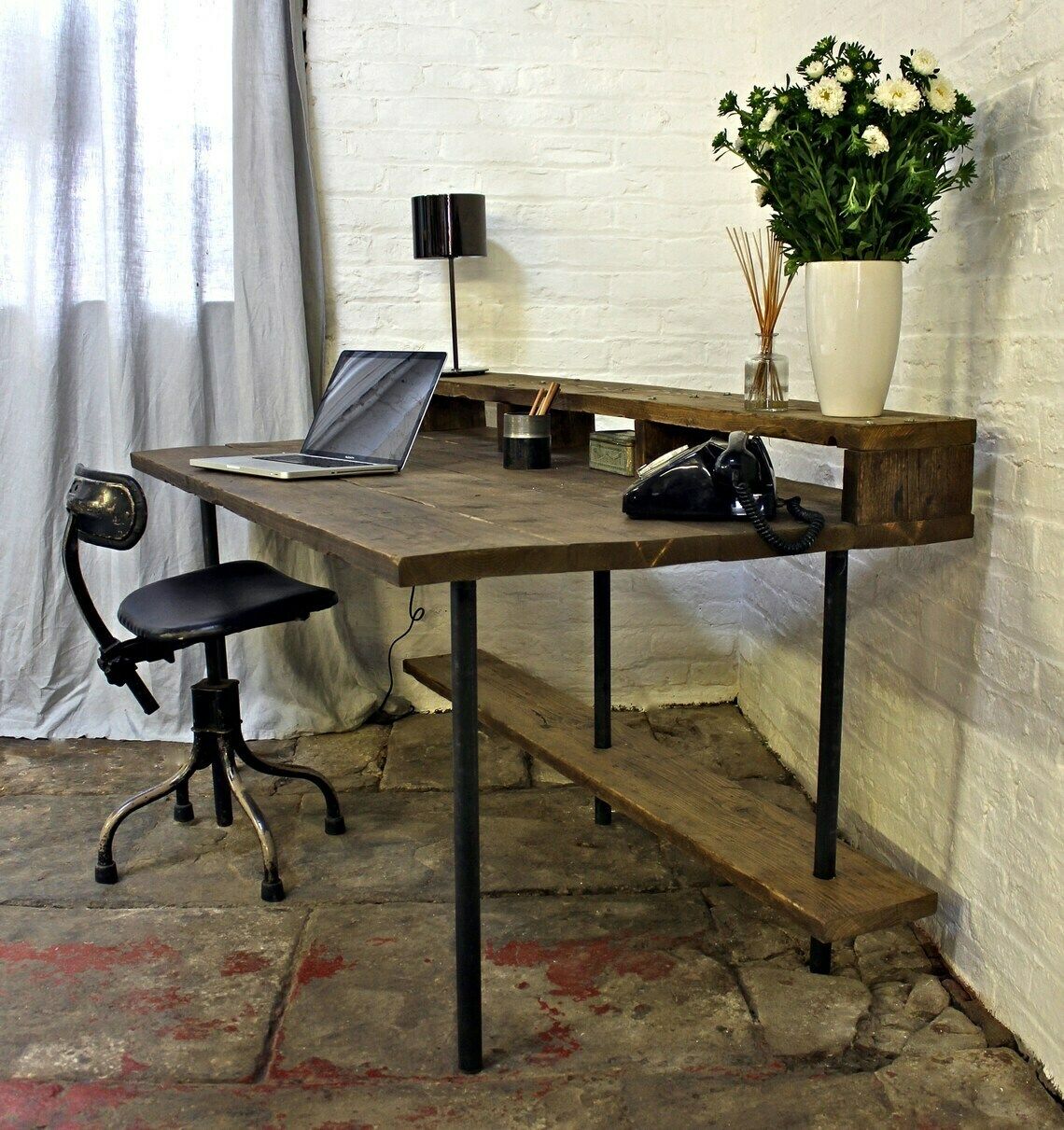 Tovey Reclaimed Dark Stained Scaffolding Board And Pipe Industrial Style Desk With Top And Lower Under Shelves   By photo for sale