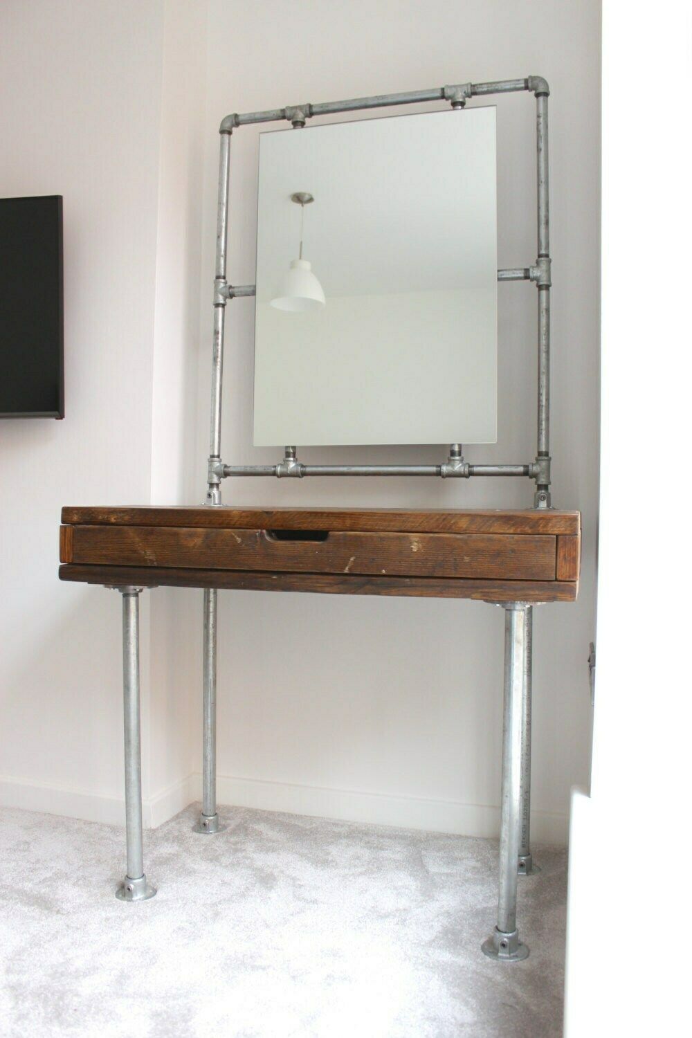 Meila Reclaimed Dark Chestnut Waxed Scaffolding Board Industrial Style Dressing Table With Galvanised Threaded Steel Pipe Framed Mirror photo furniture