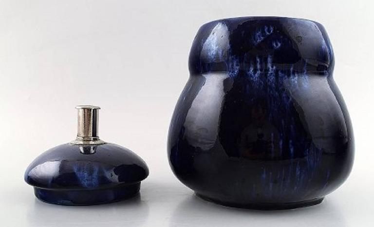 Pair Of Rörstrand Lidded Vases In Dark Blue Faience. 1930s 1940s photo 444.0