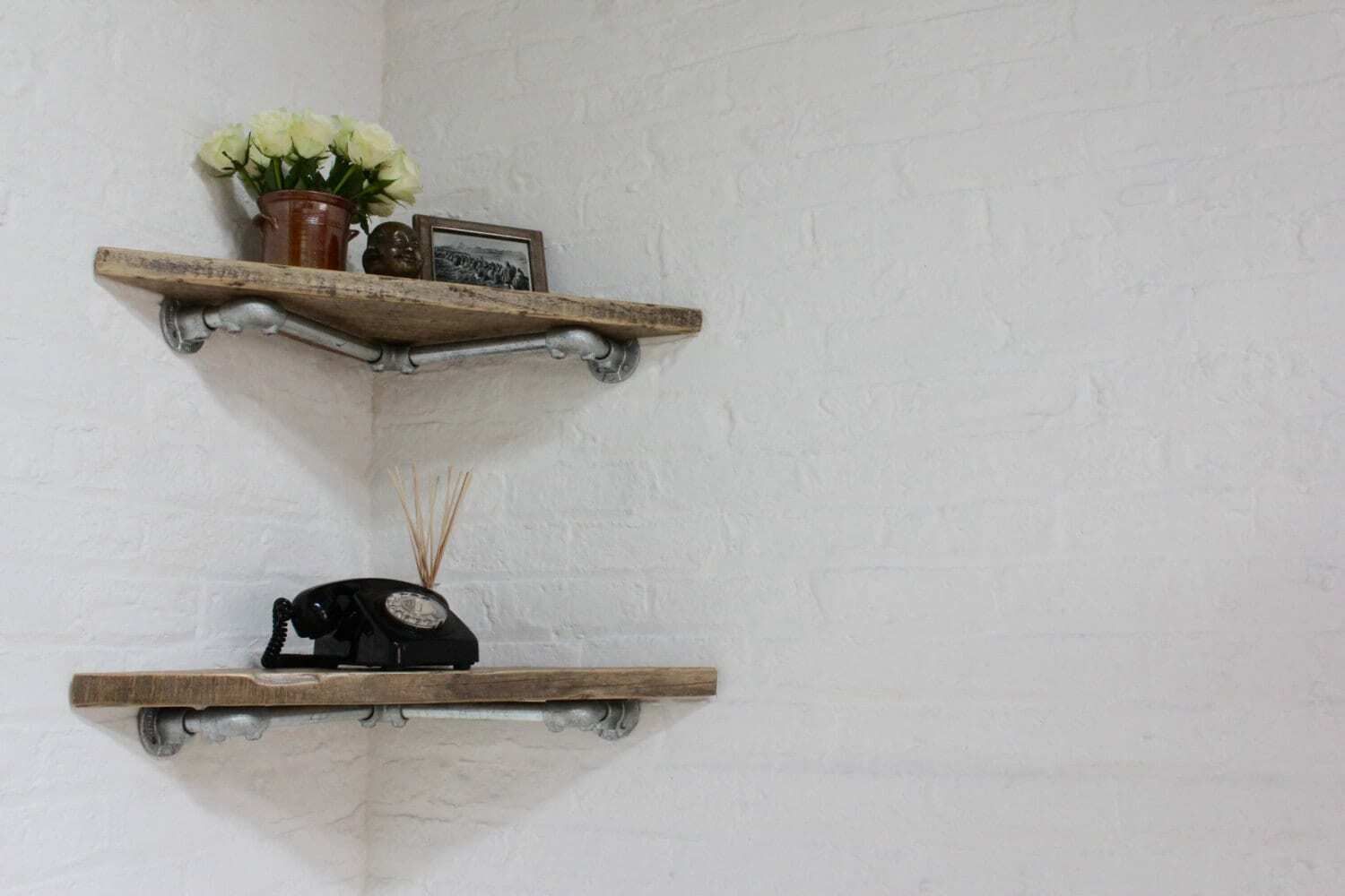 Vikki Pair Of Reclaimed Wood Corner Shelves With Galvanised Steel Pipe Wall Brackets   Bespoke Industrial Furniture photo for sale