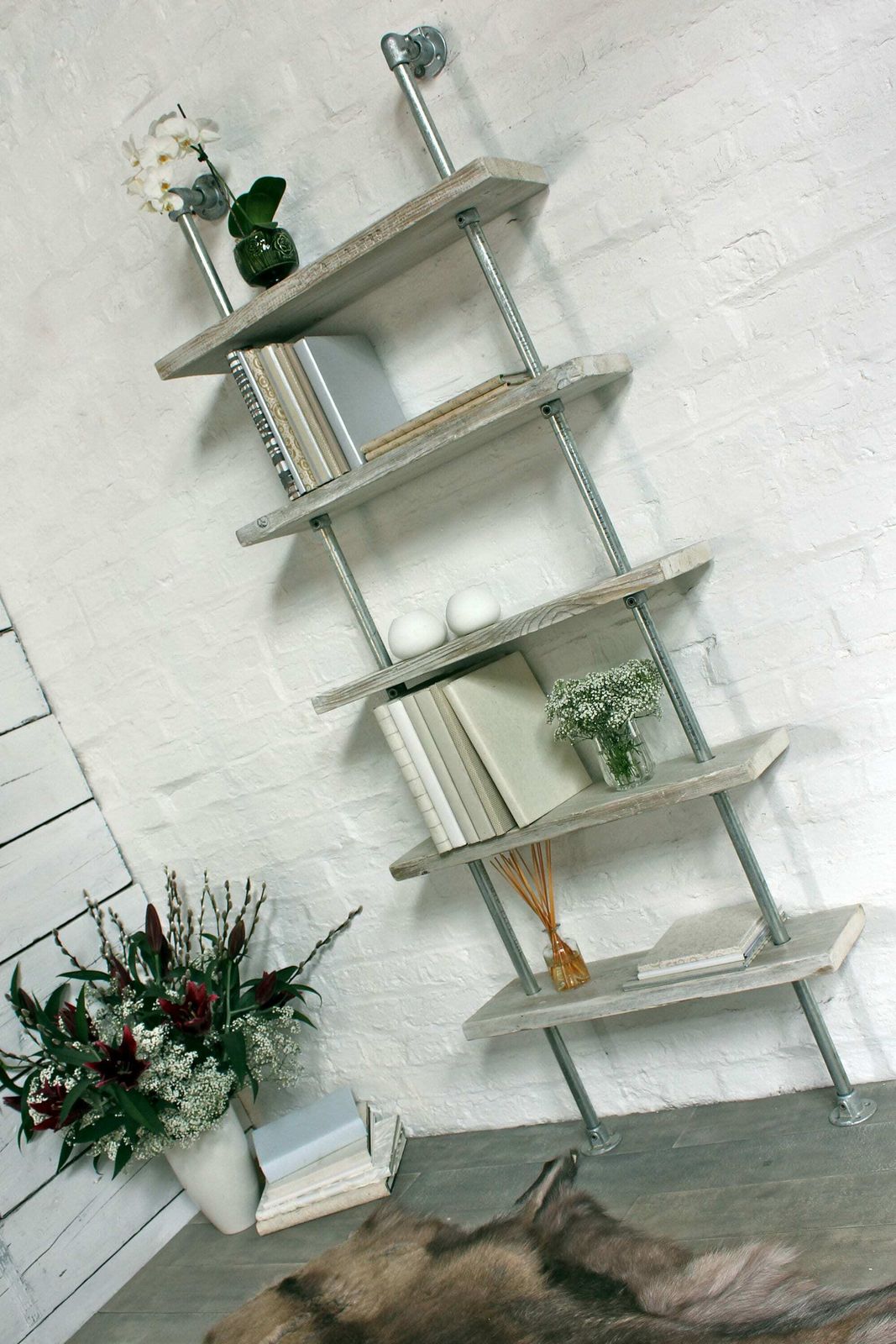 Robyn Adjustable Reclaimed White Washed Scaffolding Boards And Galvanised Steel Pipe Shelves/Bookcase photo furniture