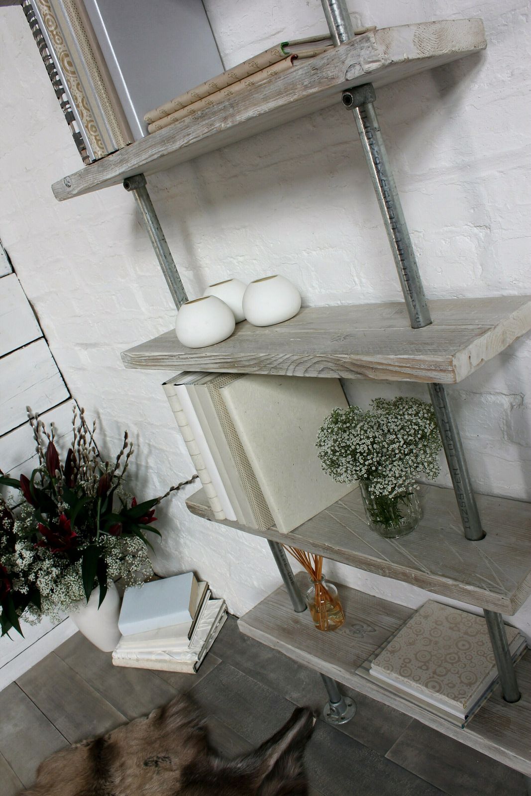 Robyn Adjustable Reclaimed White Washed Scaffolding Boards And Galvanised Steel Pipe Shelves/Bookcase photo buy