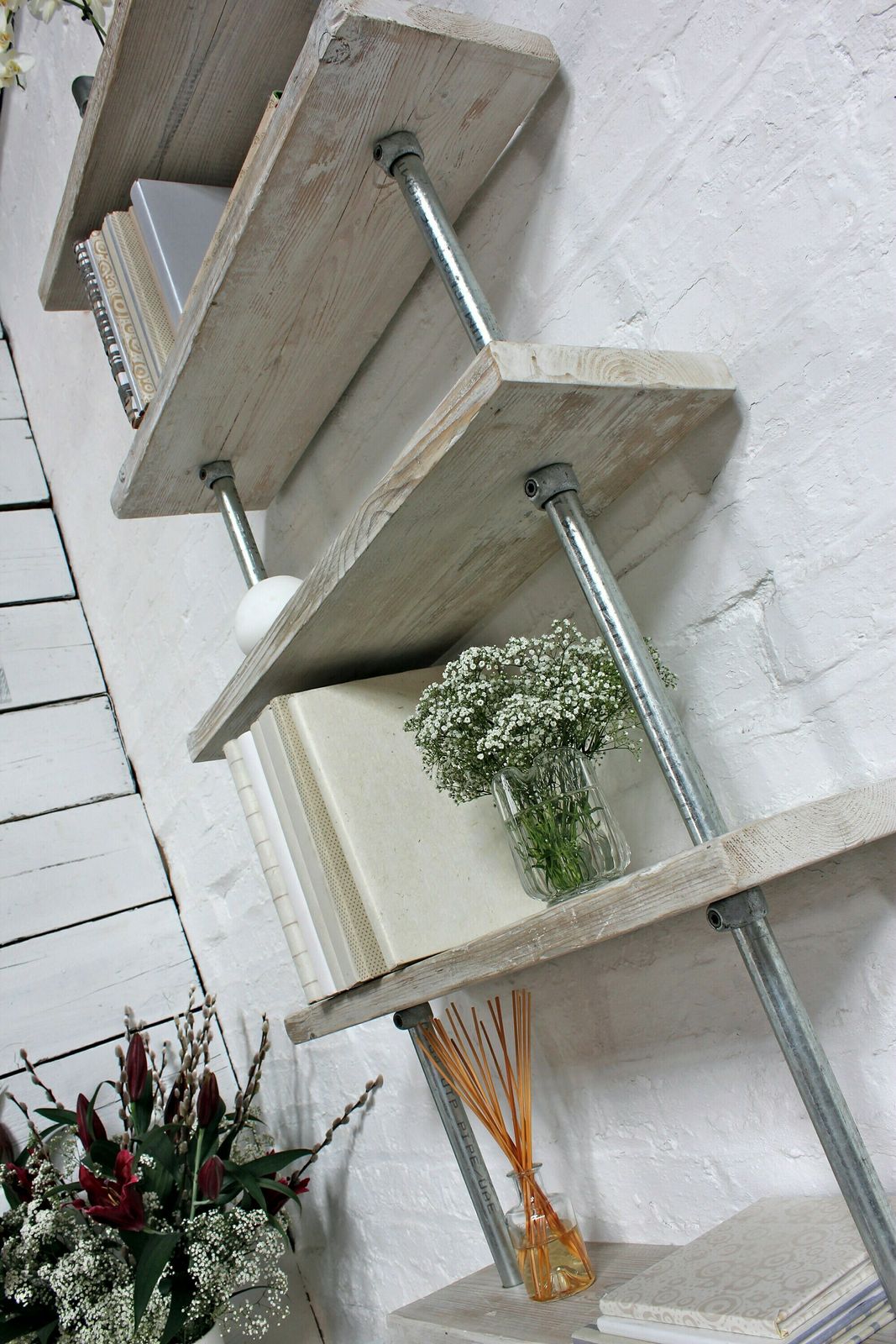 Robyn Adjustable Reclaimed White Washed Scaffolding Boards And Galvanised Steel Pipe Shelves/Bookcase photo vintage