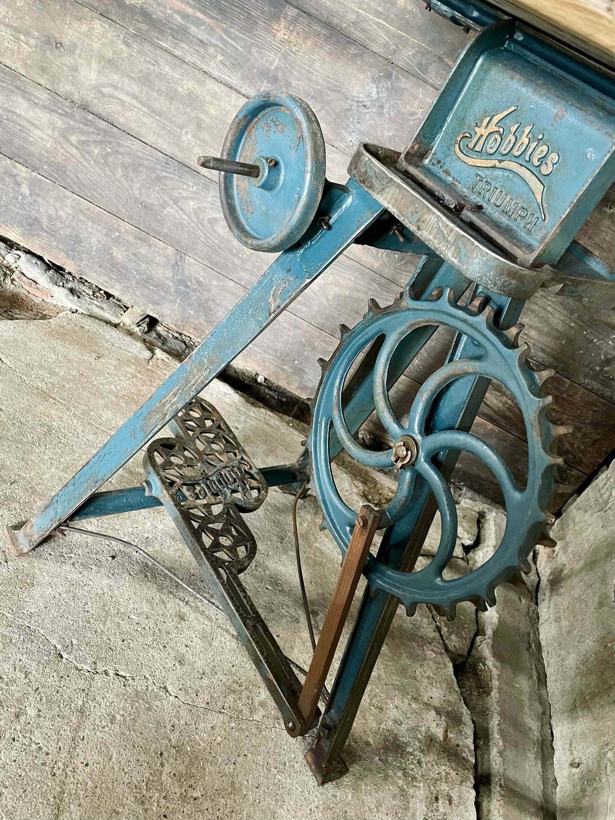 Ellis Antique And Repurposed Band Saw Side Table With Reclaimed Scaffolding Board Top photo furniture