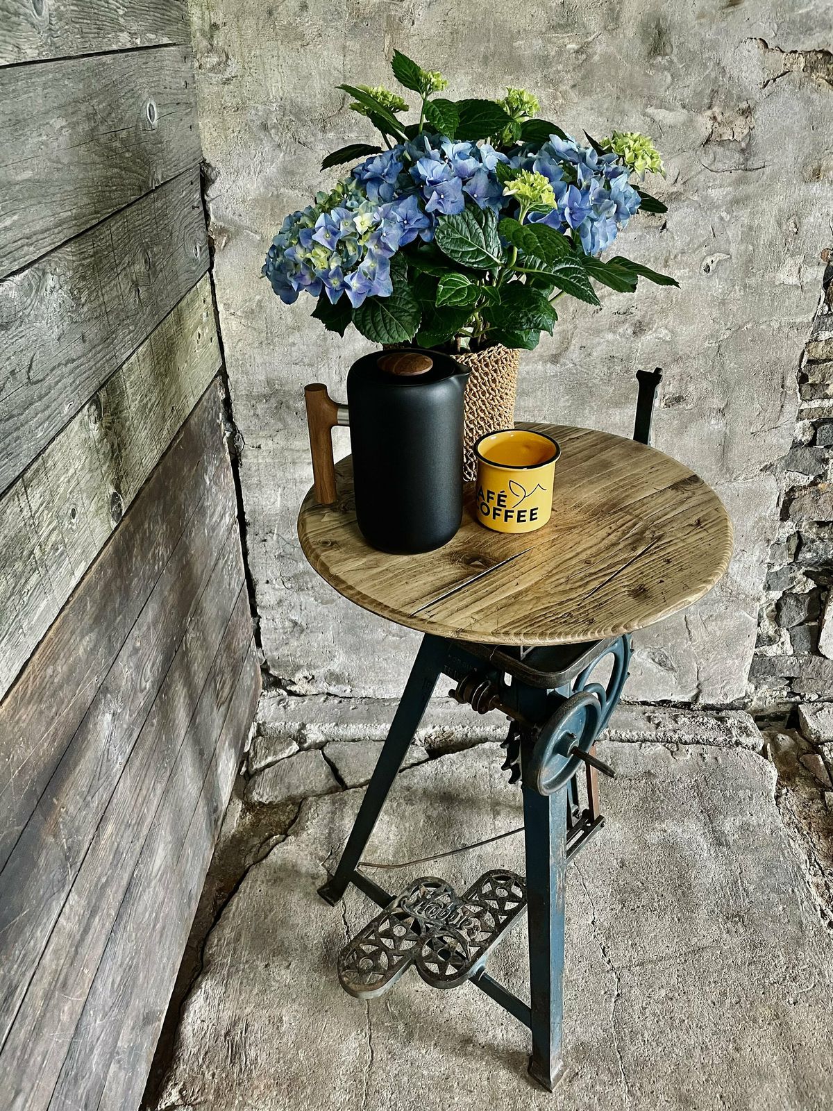 Ellis Antique And Repurposed Band Saw Side Table With Reclaimed Scaffolding Board Top photo for sale