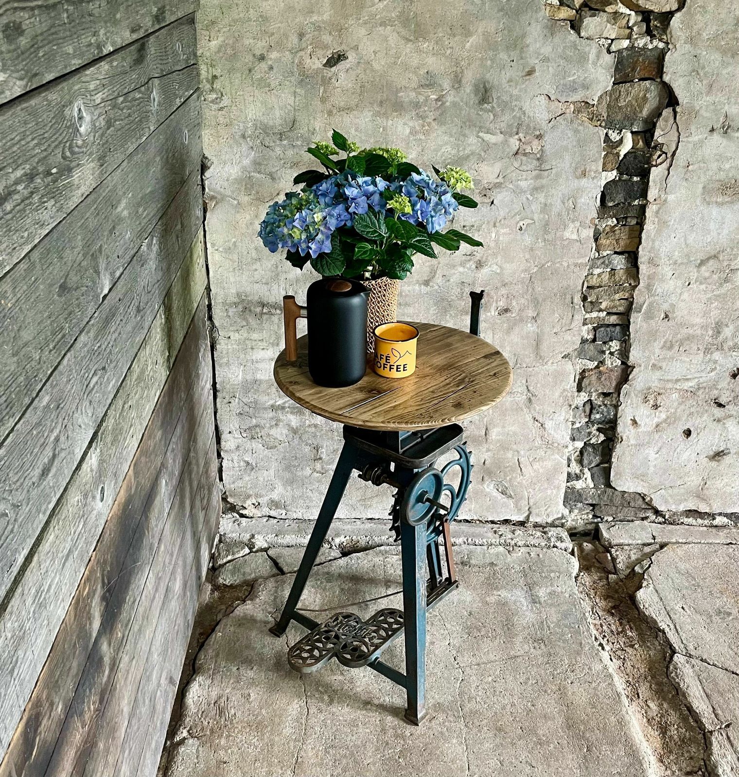 photo furniture Ellis Antique And Repurposed Band Saw Side Table With Reclaimed Scaffolding Board Top