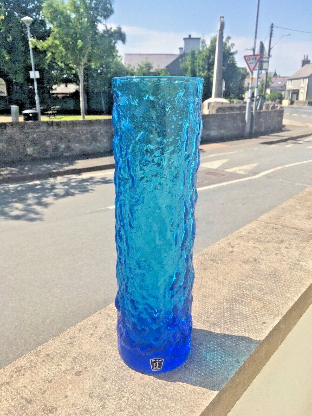 photo furniture Large Mid Century 12" Swedish Lindshammar Glass Blue Bark Vase Jc Jones & Co