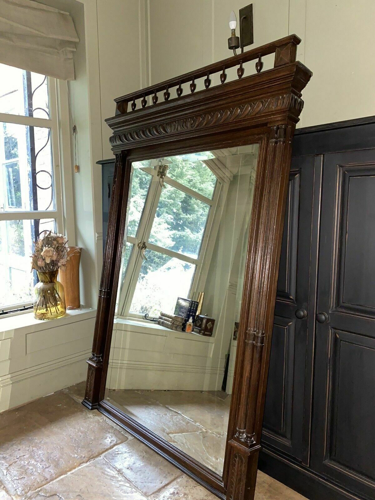 Large Antique French Oak Henri Style 3/4 Length Hall Wall Mirror photo 895.0