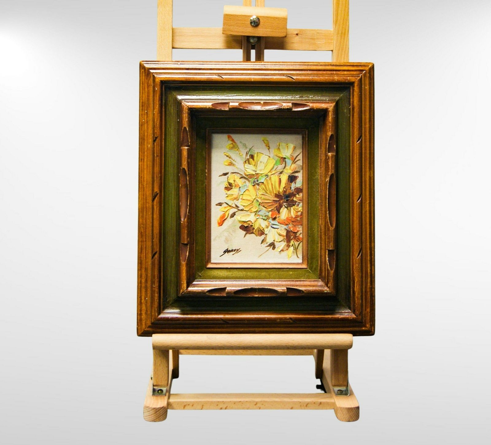 Small Oil On Canvas Flower Bouquet, Mid Century Oil On Canvas Pallet Knife Floral Painting Signed 'Garey' photo Art