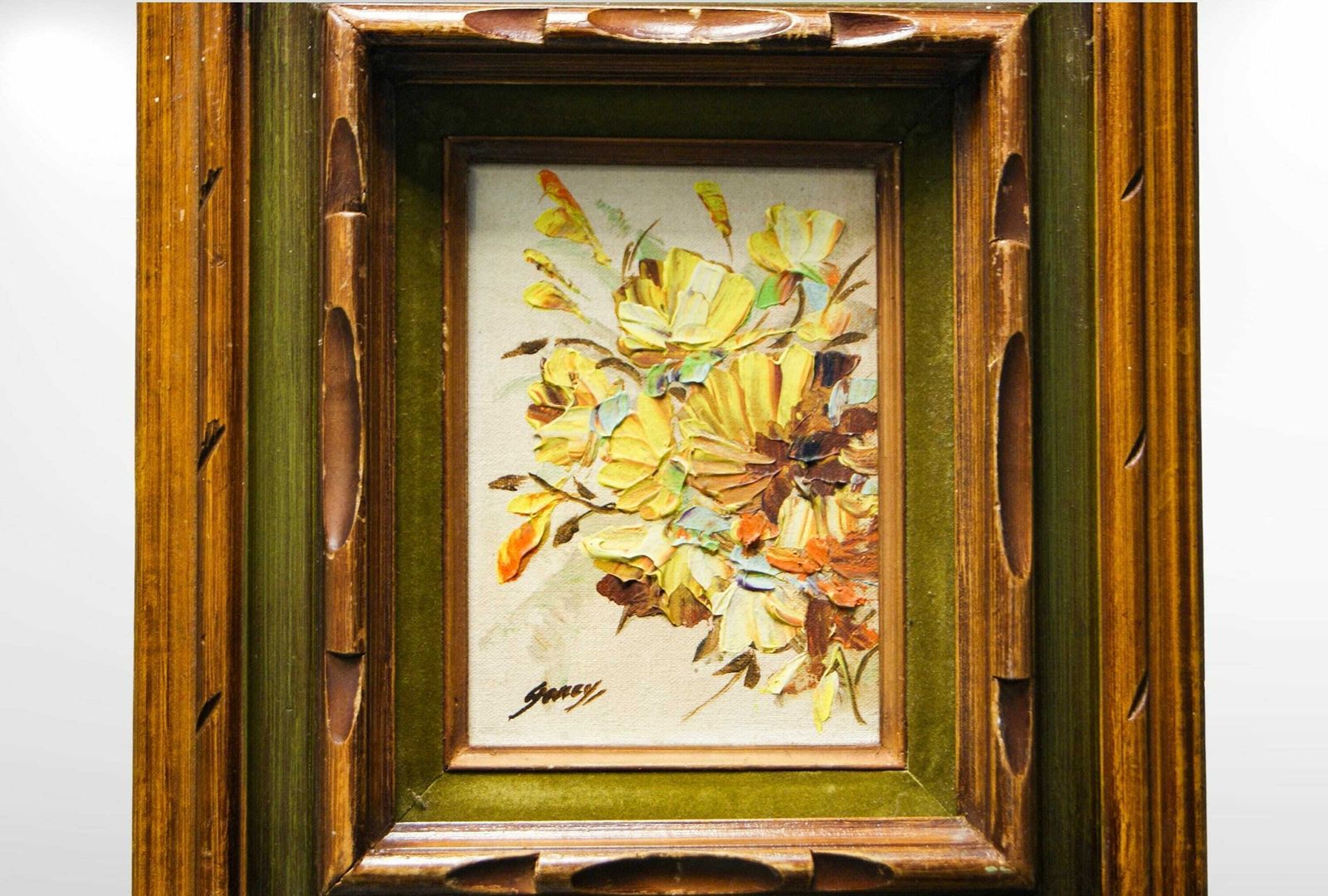 Small Oil On Canvas Flower Bouquet, Mid Century Oil On Canvas Pallet Knife Floral Painting Signed 'Garey' photo vinterior