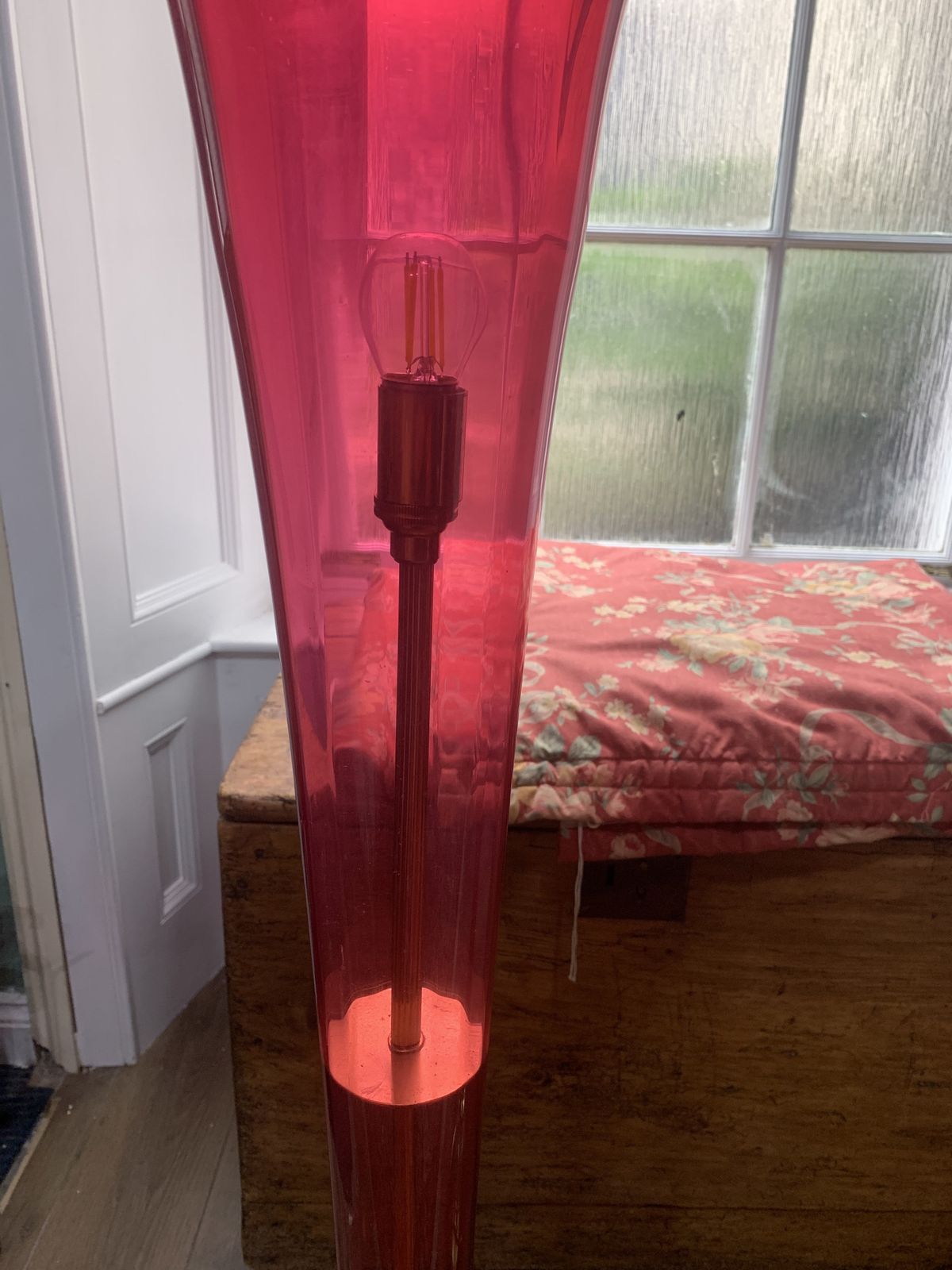 A Pair Of Mid Century Cranberry Glass Trumpet Floor Standing Lights photo furniture