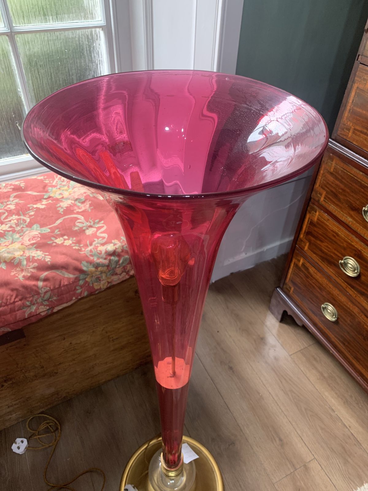 A Pair Of Mid Century Cranberry Glass Trumpet Floor Standing Lights photo Lighting