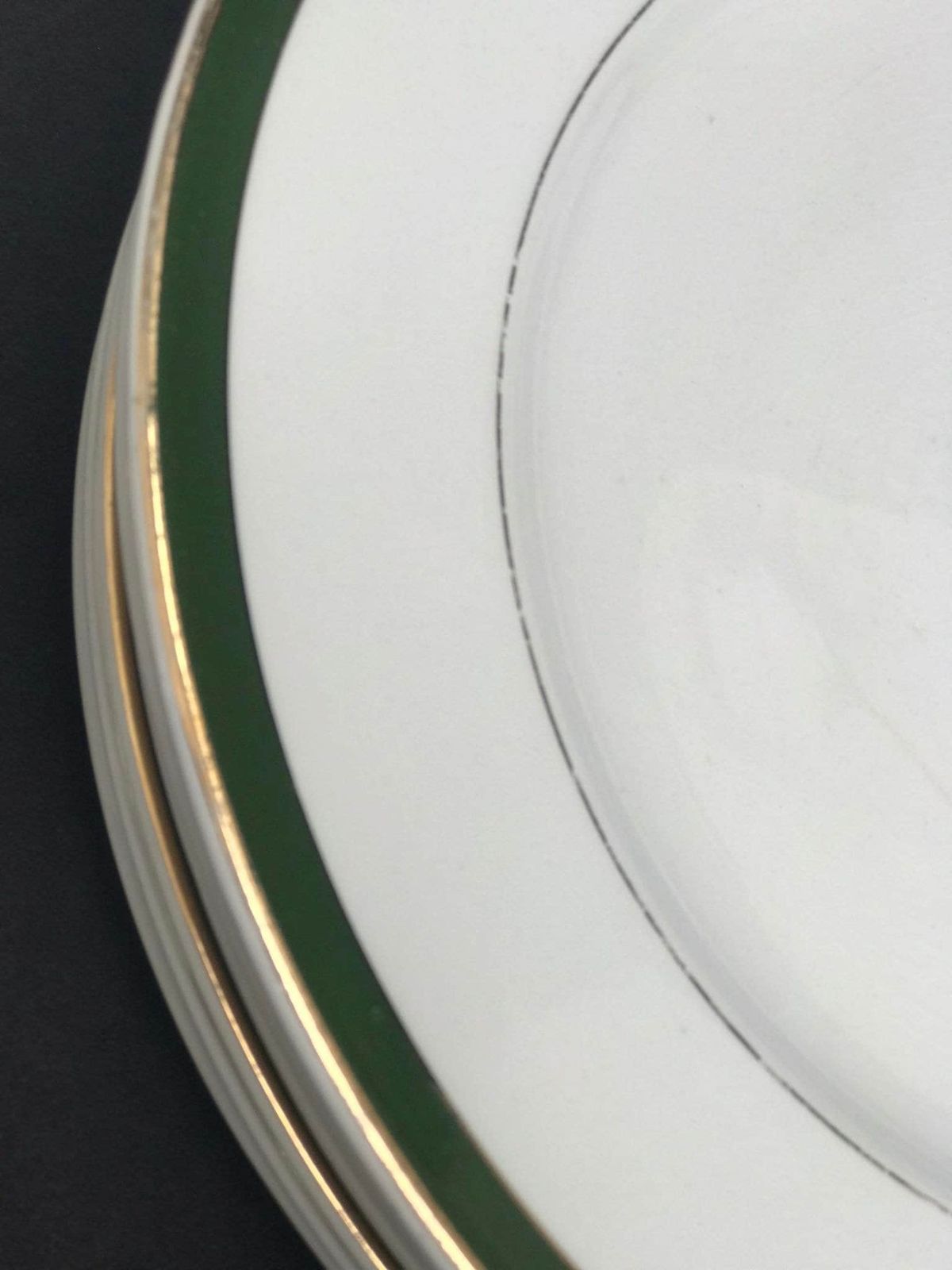 Antique Set 6 Dinner Plates Made By Villeroy And Boch Mettlach Green Golden Rim XIX Century Large Plates 25,1 Cm Diameter German Porcelain photo for sale