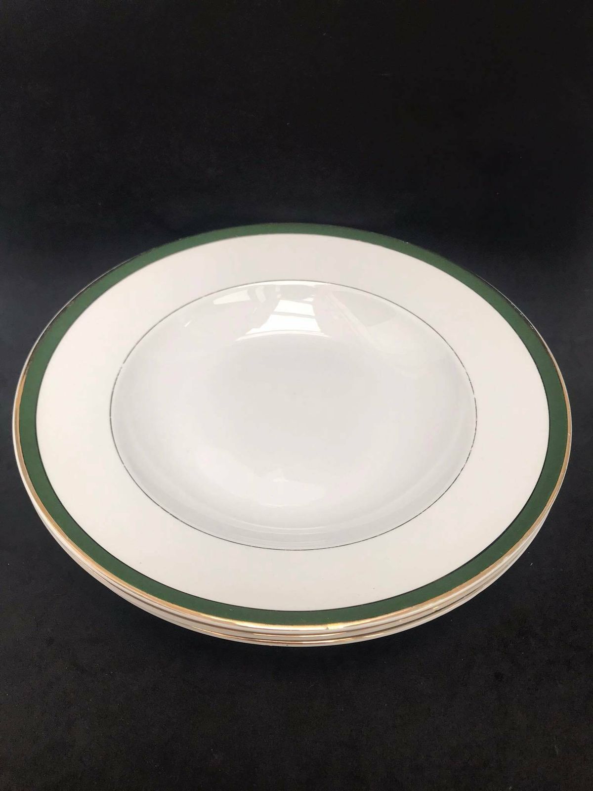 Antique Set 3 Soup Plates Made By Villeroy And Boch Mettlach Green Golden Rim XIX Century Large Plates 25,1 Cm Diameter German Porcelain photo for sale